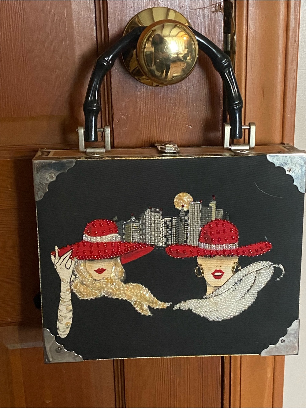 Embellished Black Cigar Box Handbag with Red Hat Ladies-Vintage,previously loved
